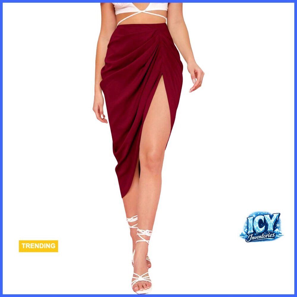 High Waist Satin Midi Skirt Split Thigh Front Ruched Zip Back Wrap